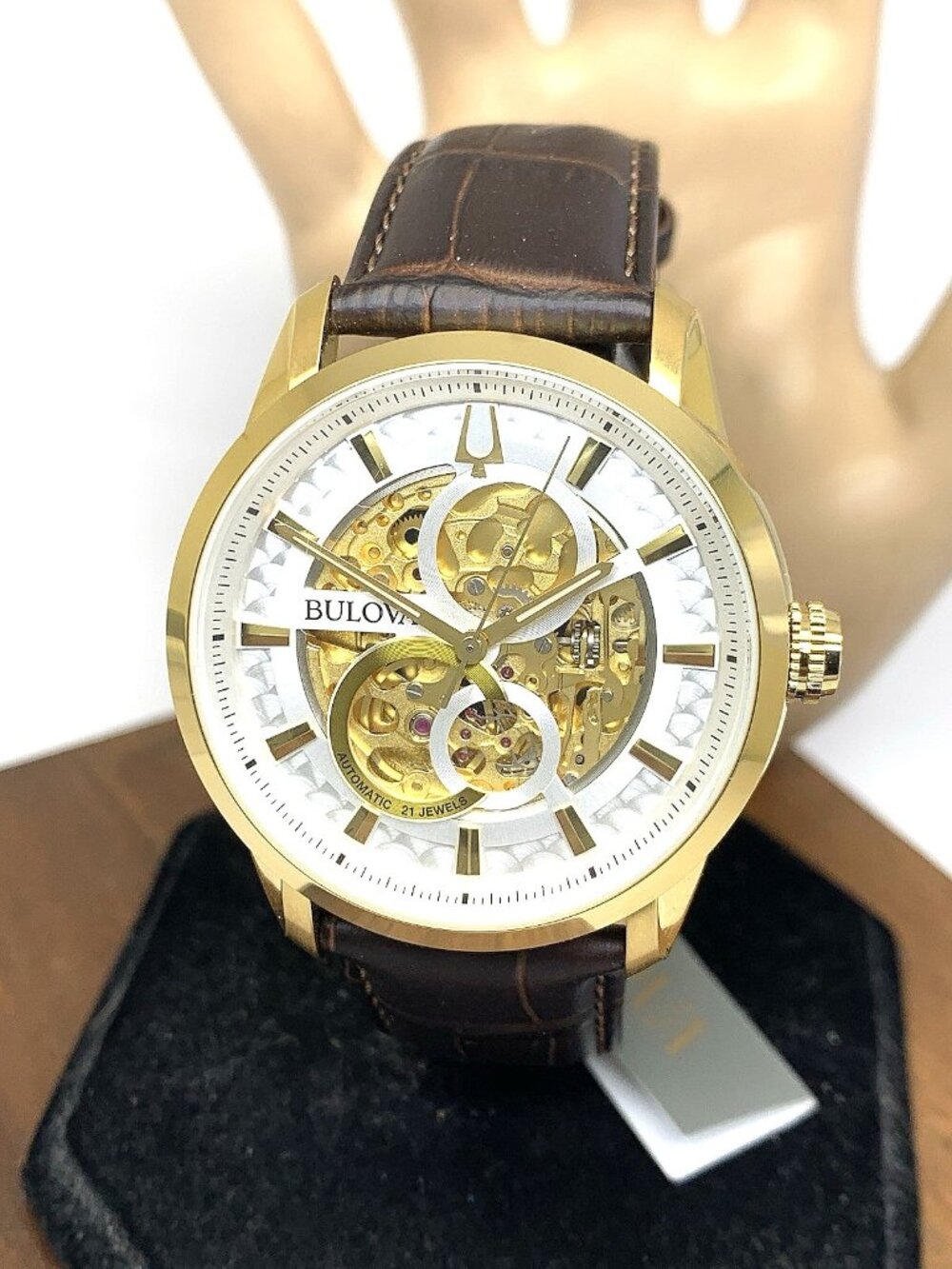 Bulova Men's Watch 97A138 Automatic Skeleton Gold Tone Case Brown Leather Band